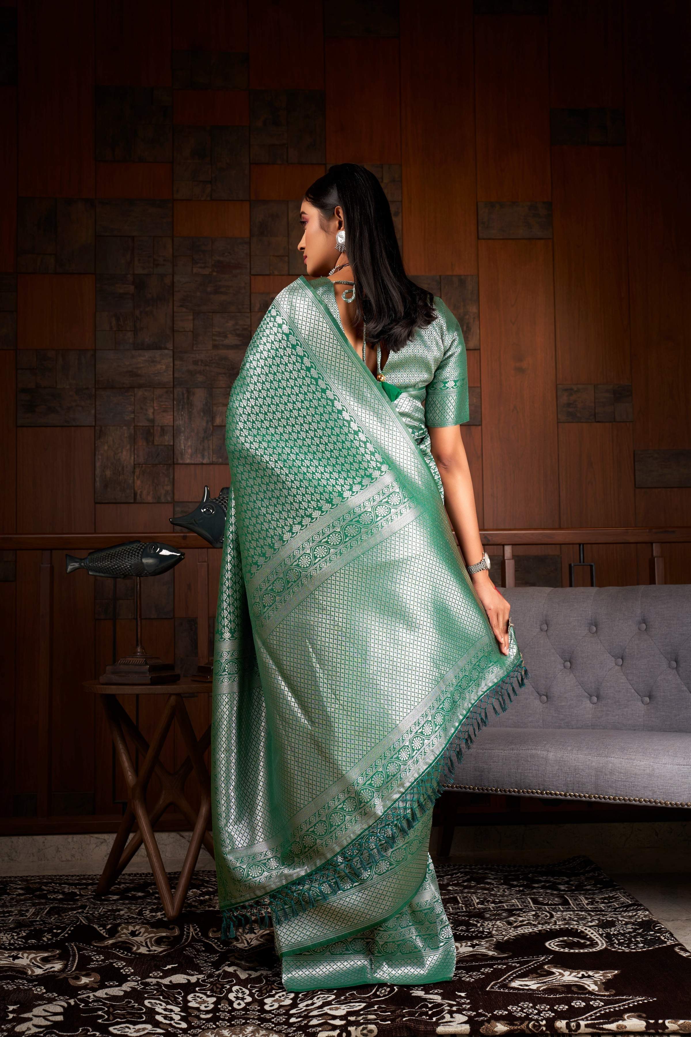 Vardha Teal Green Silver Zari Kanjeevaram Silk Saree | Grocsy