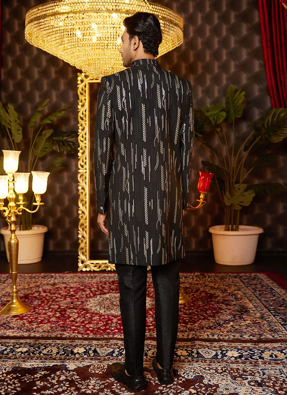 Raivat Ethnic Mens Art Silk Thread Work Indo Western In Black Colour | Grocsy