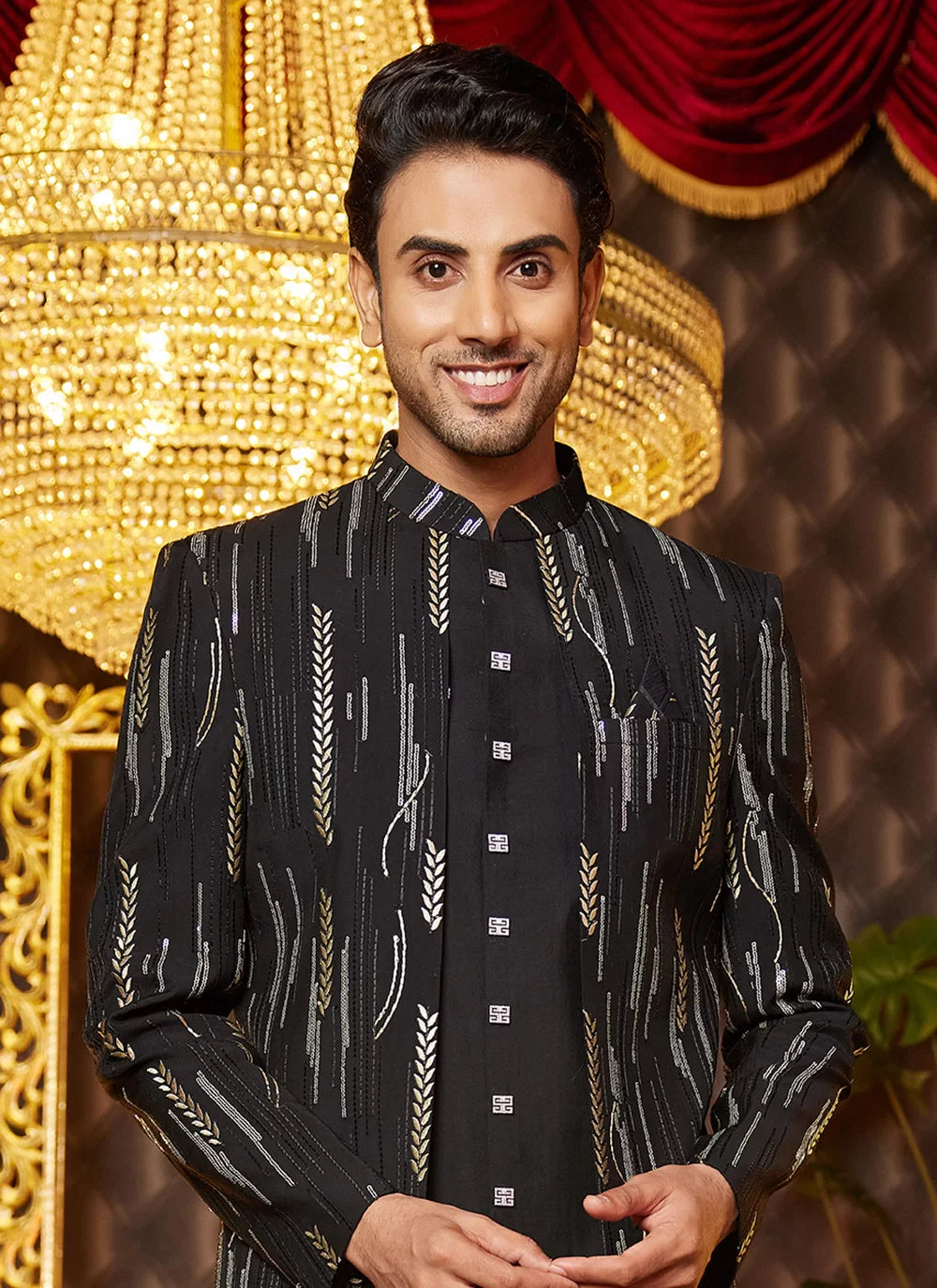 Raivat Ethnic Mens Art Silk Thread Work Indo Western In Black Colour | Grocsy