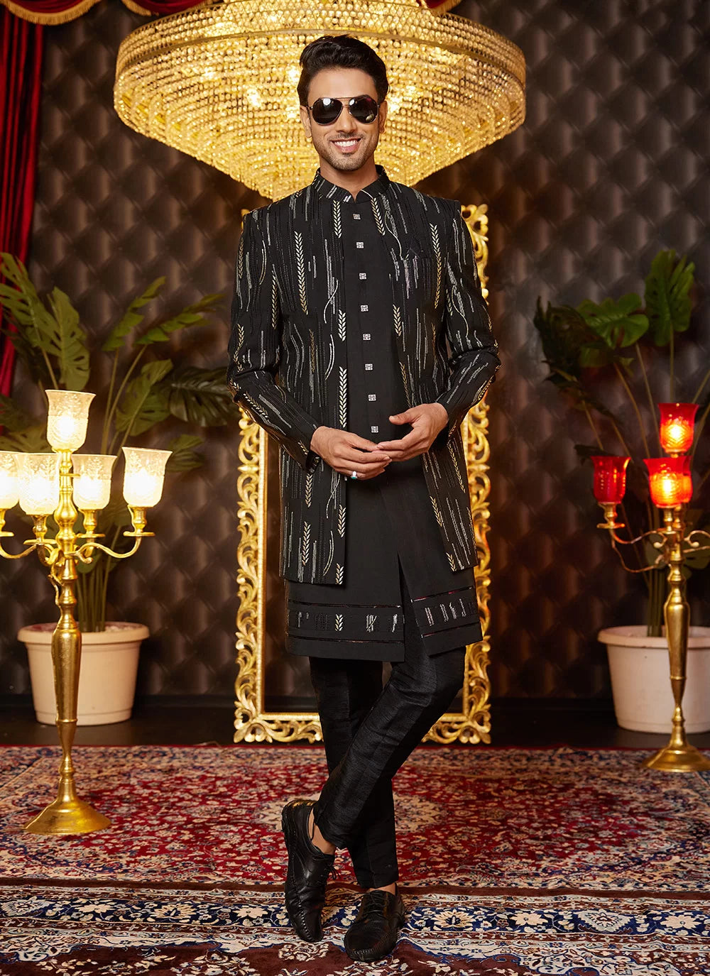 Raivat Ethnic Mens Art Silk Thread Work Indo Western In Black Colour | Grocsy