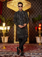 Raivat Ethnic Mens Art Silk Thread Work Indo Western In Black Colour | Grocsy