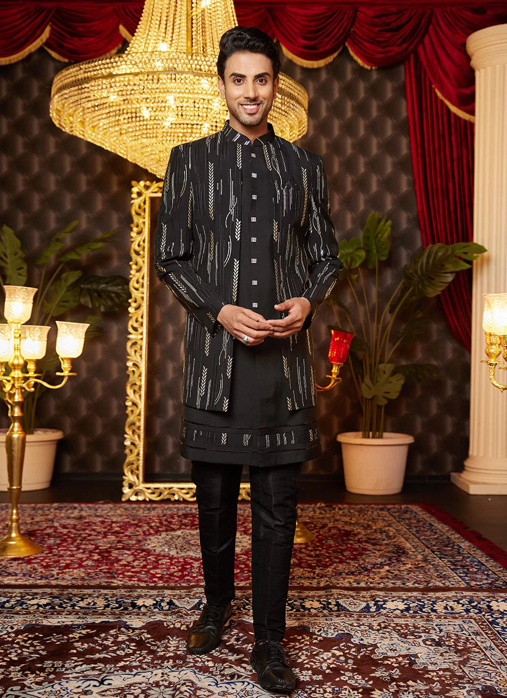 Raivat Ethnic Mens Art Silk Thread Work Indo Western In Black Colour | Grocsy