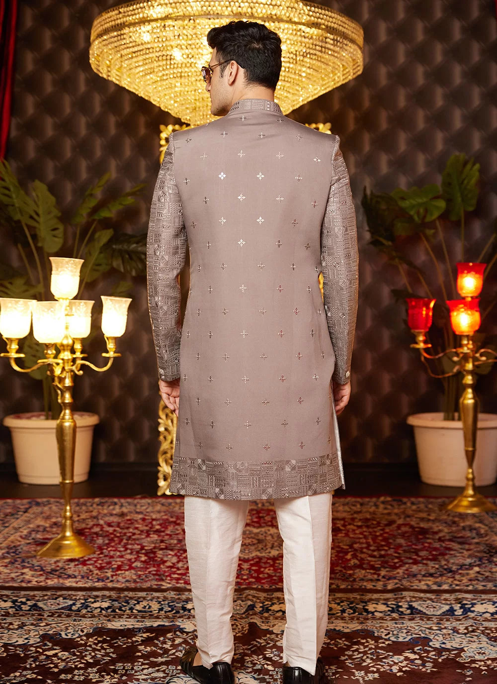 Raivat Ethnic Mens Art Silk Thread Work Indo Western In Brown Colour | Grocsy