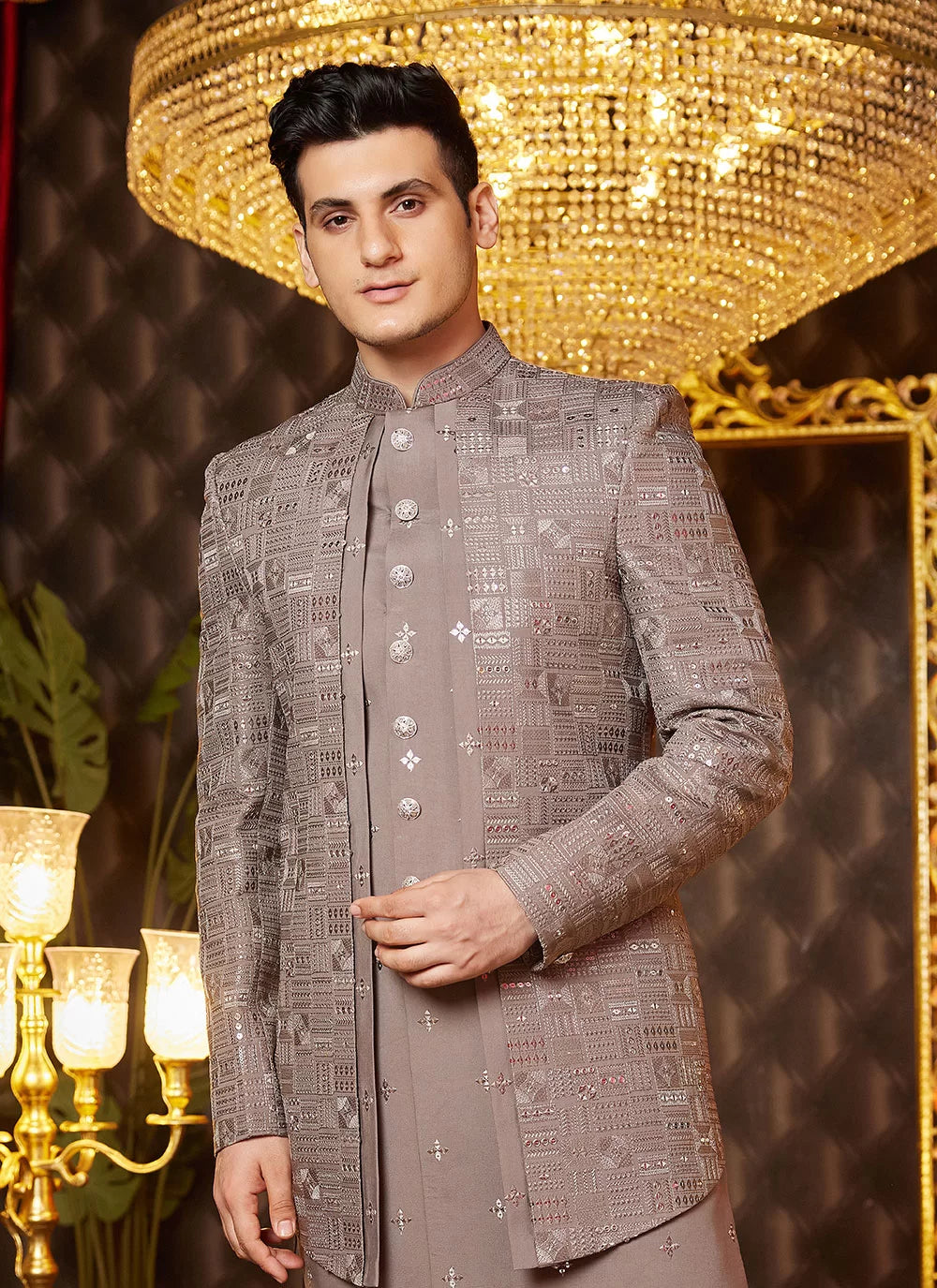 Raivat Ethnic Mens Art Silk Thread Work Indo Western In Brown Colour | Grocsy