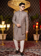 Raivat Ethnic Mens Art Silk Thread Work Indo Western In Brown Colour | Grocsy