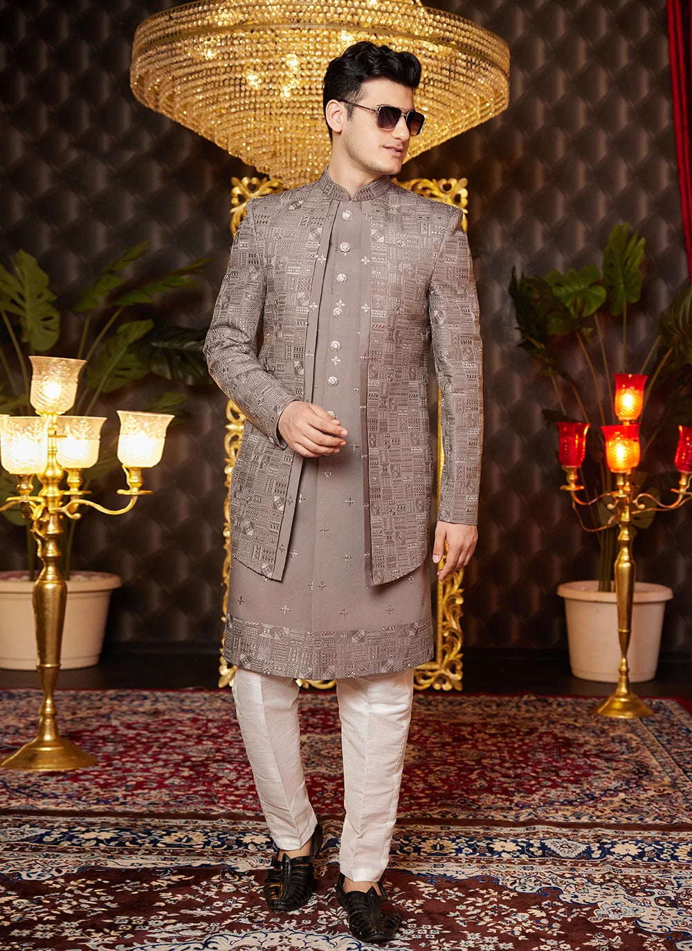 Raivat Ethnic Mens Art Silk Thread Work Indo Western In Brown Colour | Grocsy