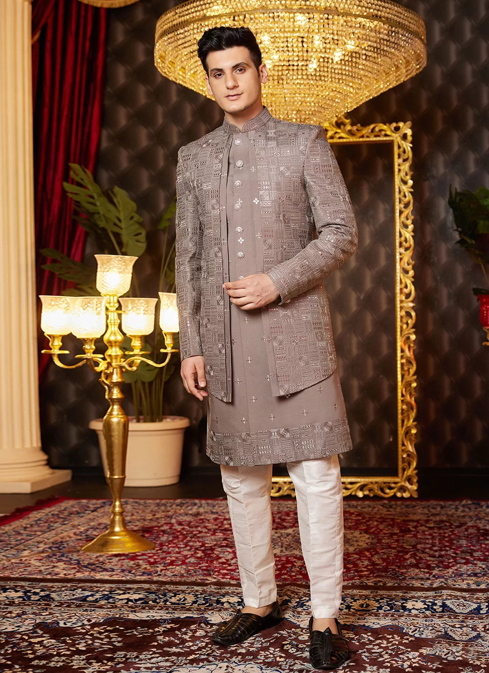Raivat Ethnic Mens Art Silk Thread Work Indo Western In Brown Colour | Grocsy