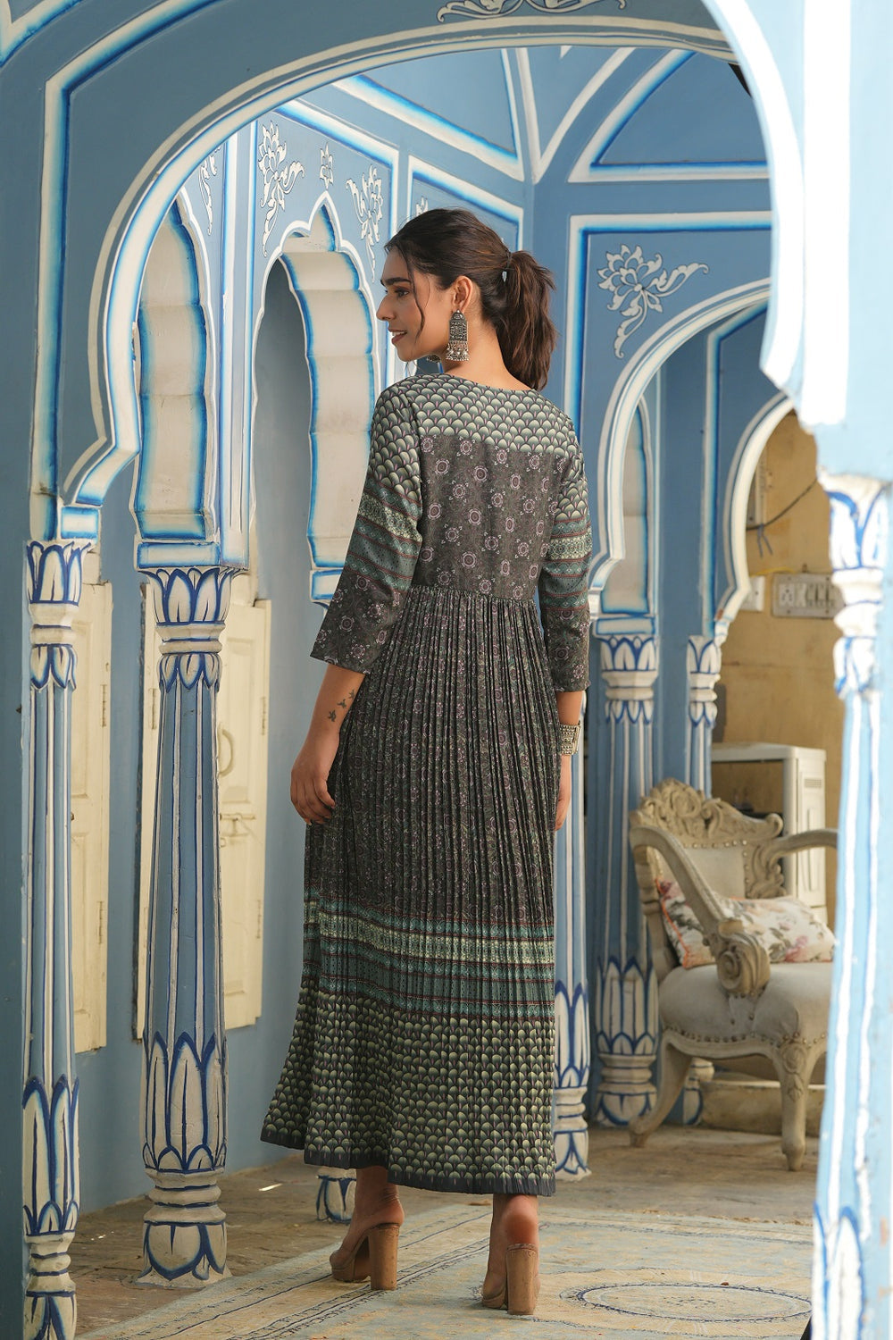 Juniper Bottle Green Muslin Festive Printed Flared Dress For Women | Grocsy