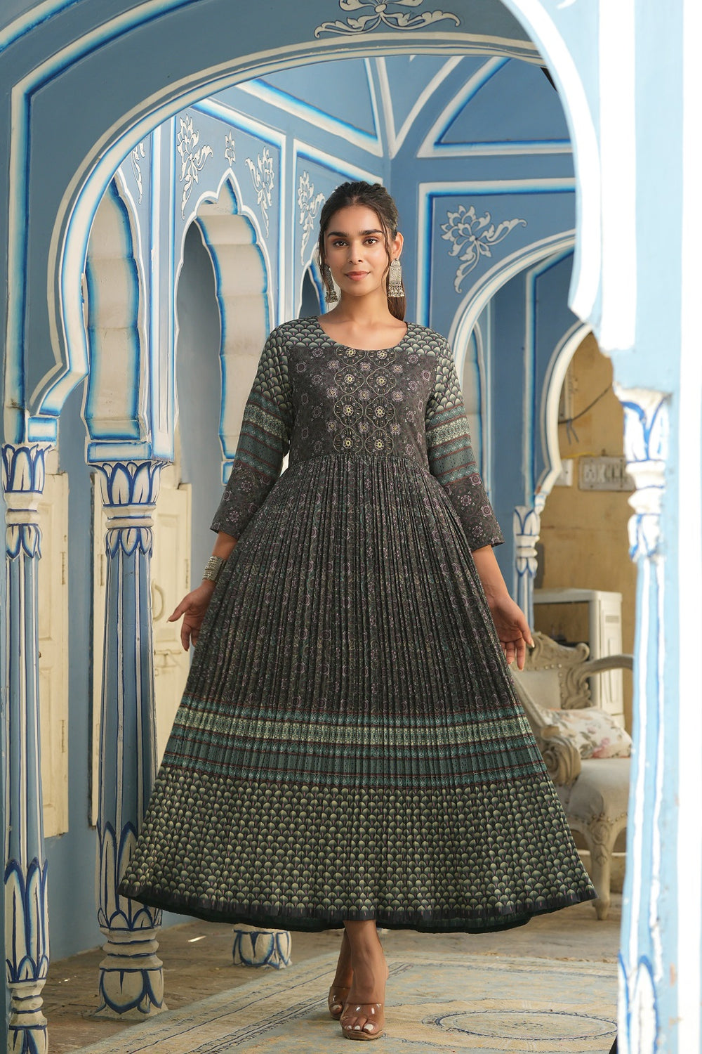 Juniper Bottle Green Muslin Festive Printed Flared Dress For Women | Grocsy