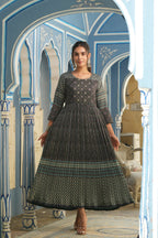 Juniper Bottle Green Muslin Festive Printed Flared Dress For Women | Grocsy