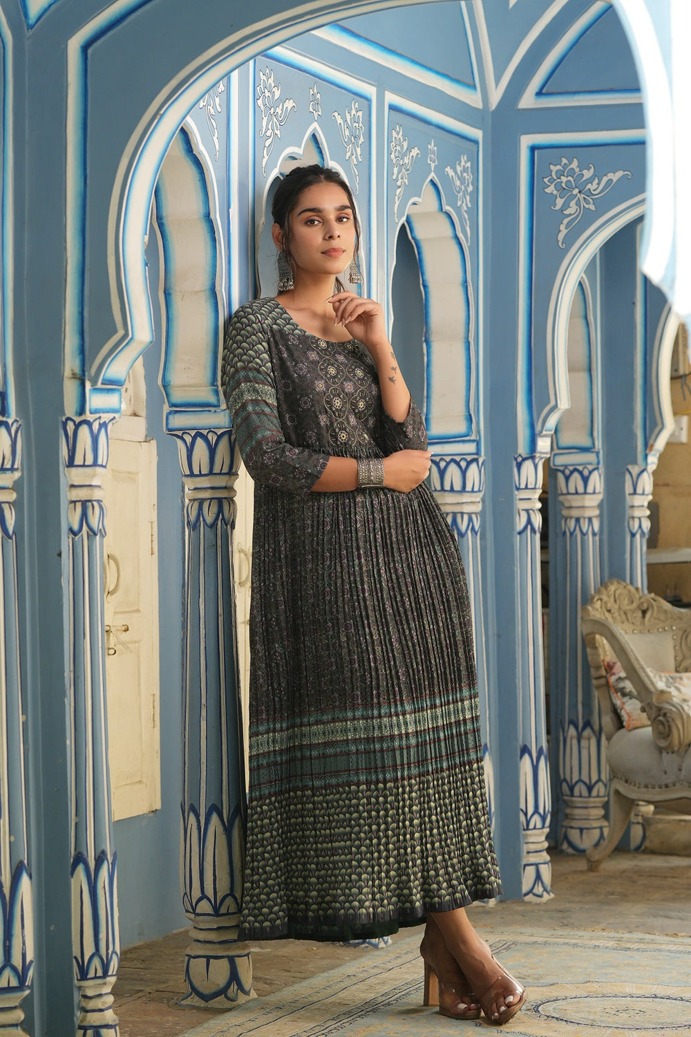 Juniper Bottle Green Muslin Festive Printed Flared Dress For Women | Grocsy