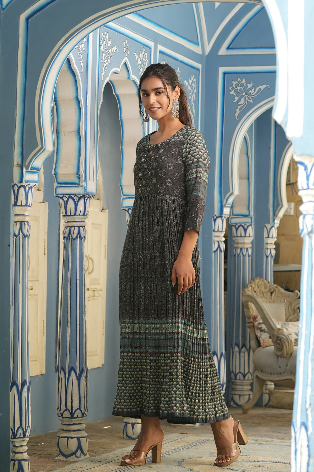 Juniper Bottle Green Muslin Festive Printed Flared Dress For Women | Grocsy