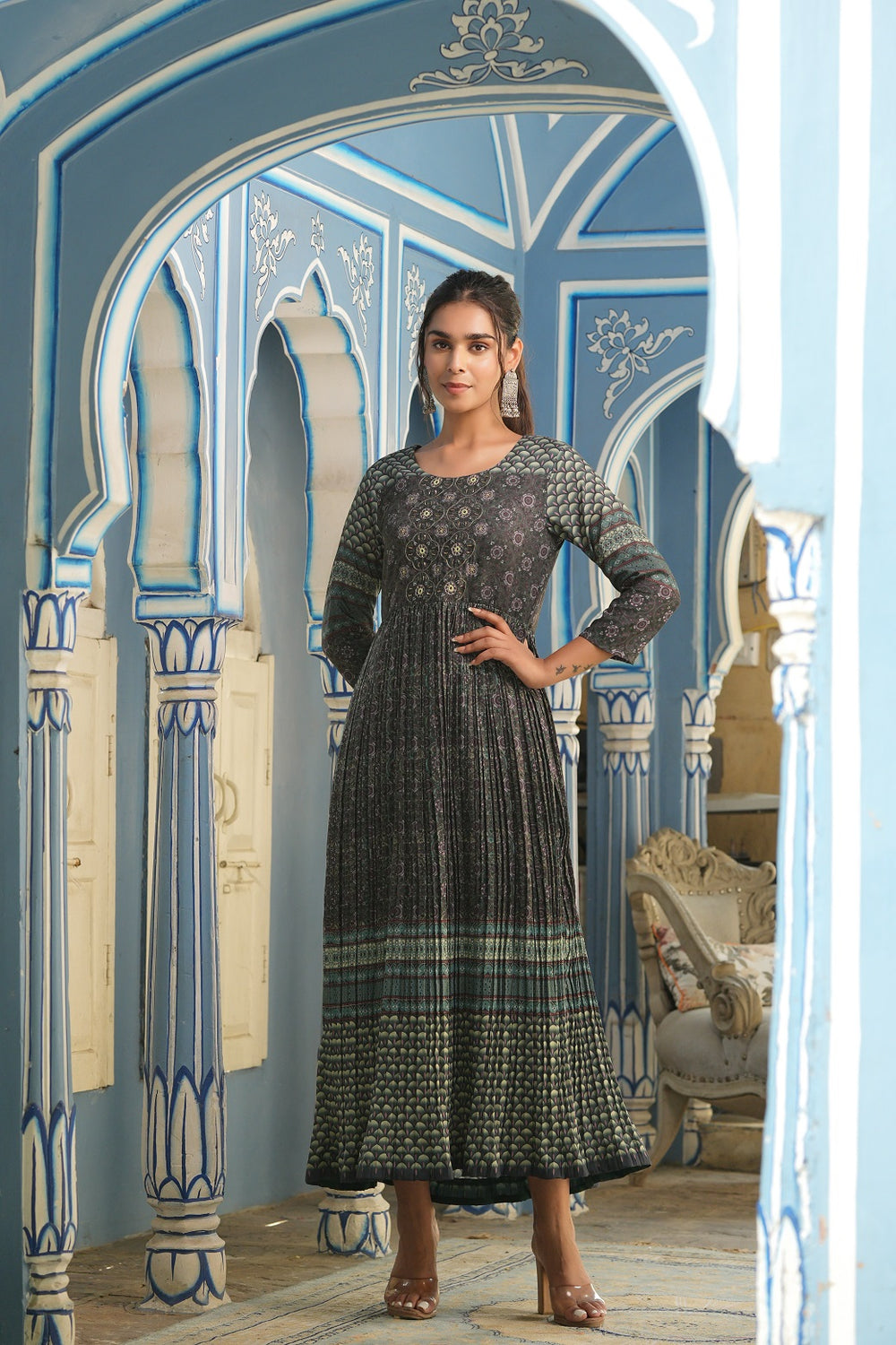 Juniper Bottle Green Muslin Festive Printed Flared Dress For Women | Grocsy