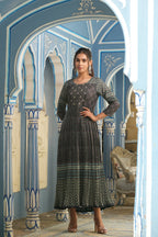 Juniper Bottle Green Muslin Festive Printed Flared Dress For Women | Grocsy