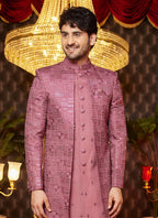 Raivat Ethnic Mens Art Silk Thread Work Indo Western In Onion Pink Colour | Grocsy