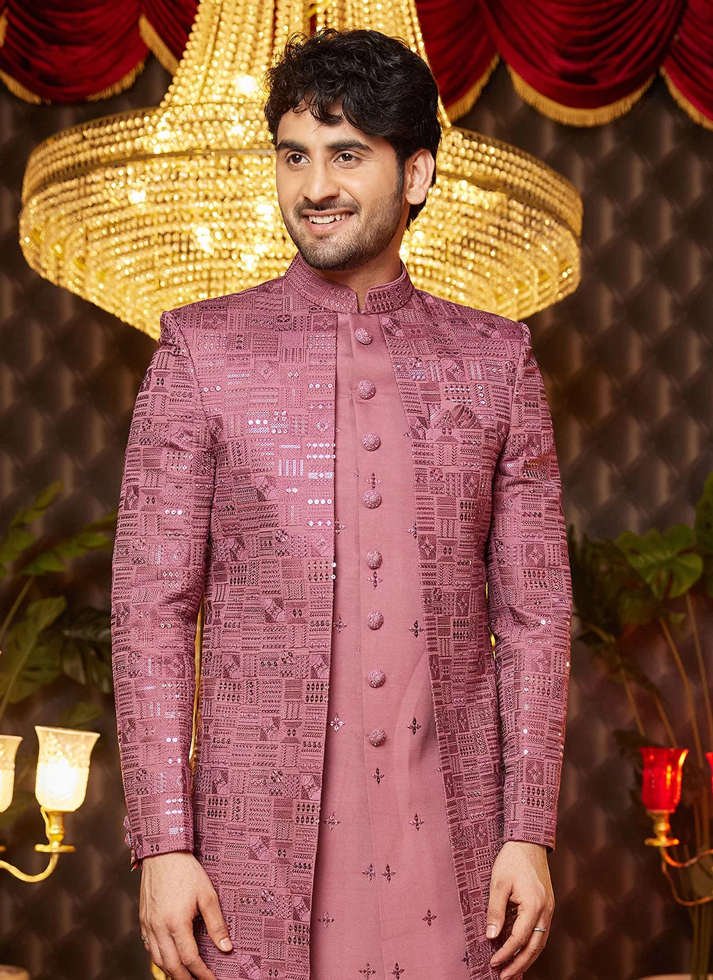 Raivat Ethnic Mens Art Silk Thread Work Indo Western In Onion Pink Colour | Grocsy