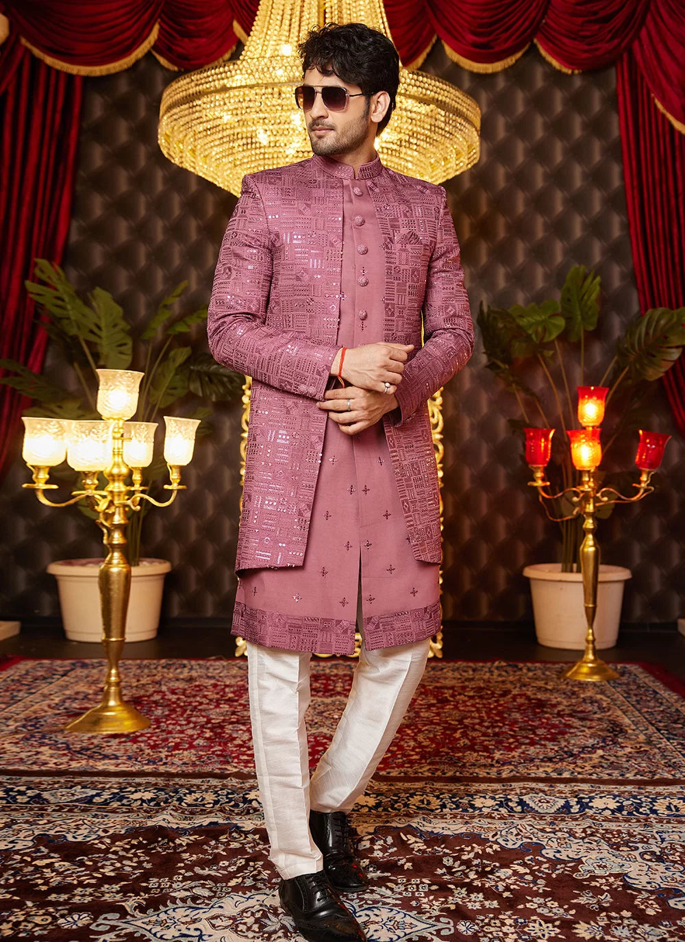 Raivat Ethnic Mens Art Silk Thread Work Indo Western In Onion Pink Colour | Grocsy
