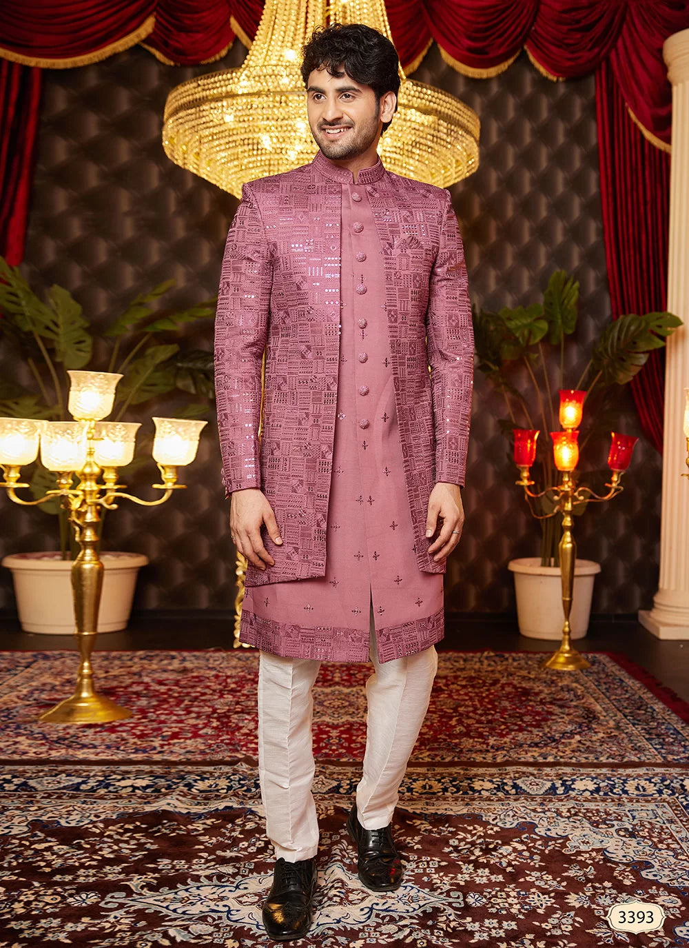 Raivat Ethnic Mens Art Silk Thread Work Indo Western In Onion Pink Colour | Grocsy
