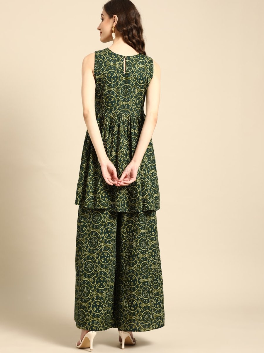 All About You Women Green Bandhani Printed Gathered Sequinned Kurti with Palazzos | Grocsy