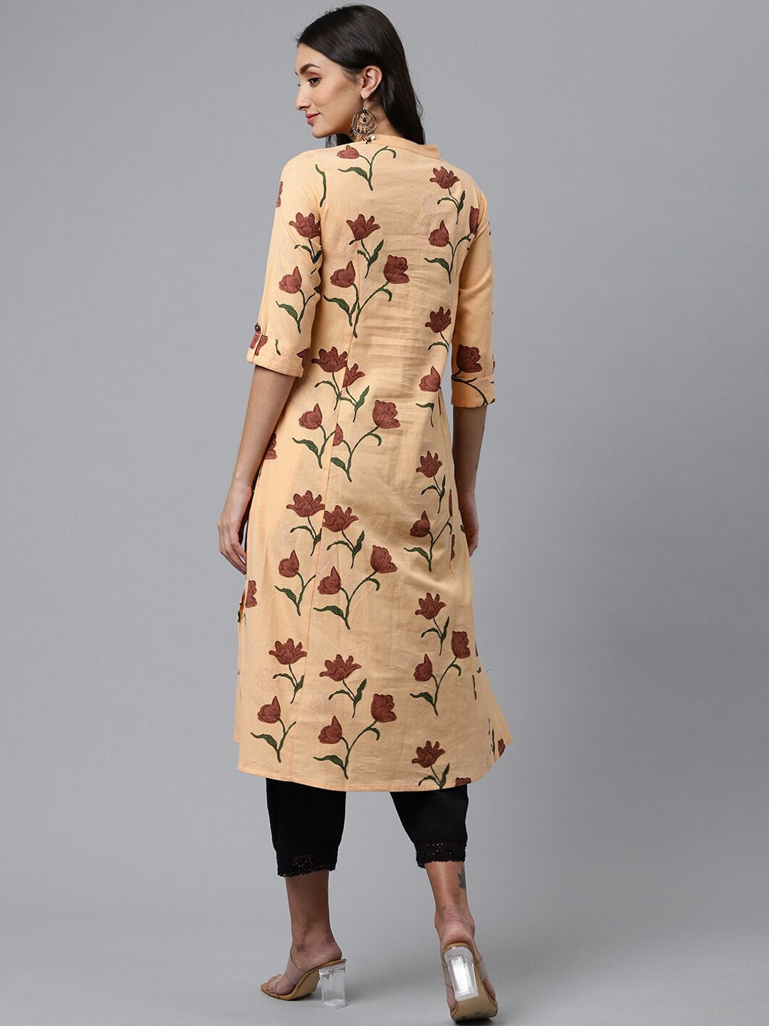 HERE&NOW Women Orange & Brown Floral Printed A-Line Kurta | Grocsy