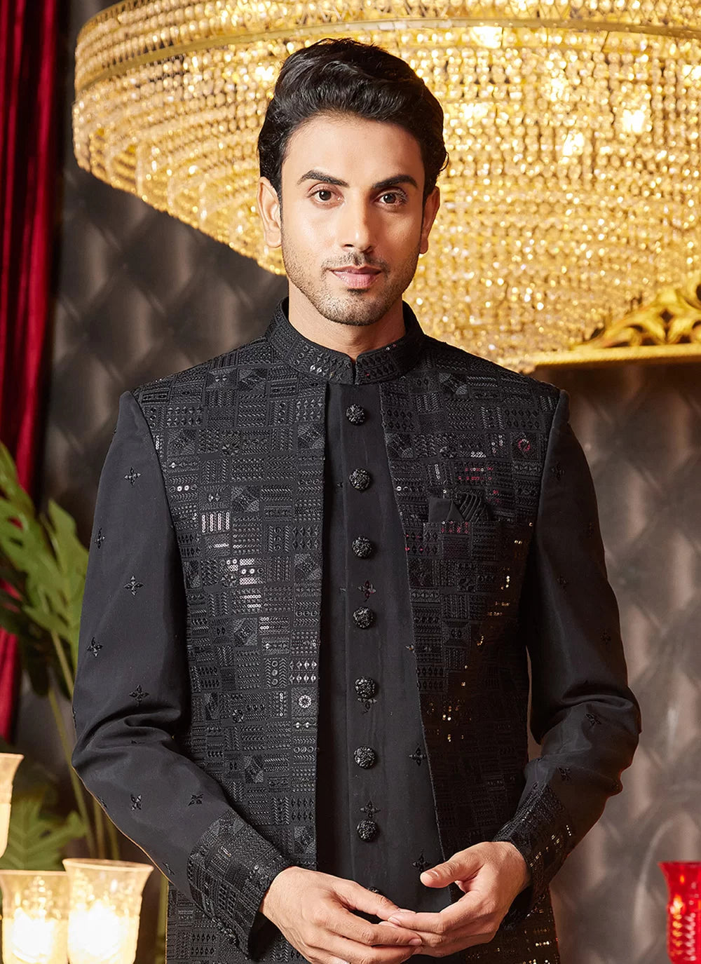 Raivat Ethnic Mens Art Silk Thread Work Indo Western In Black Colour | Grocsy