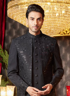 Raivat Ethnic Mens Art Silk Thread Work Indo Western In Black Colour | Grocsy