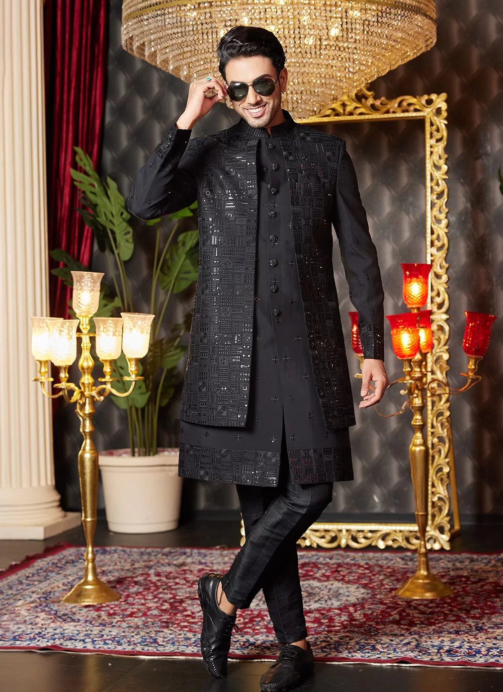 Raivat Ethnic Mens Art Silk Thread Work Indo Western In Black Colour | Grocsy