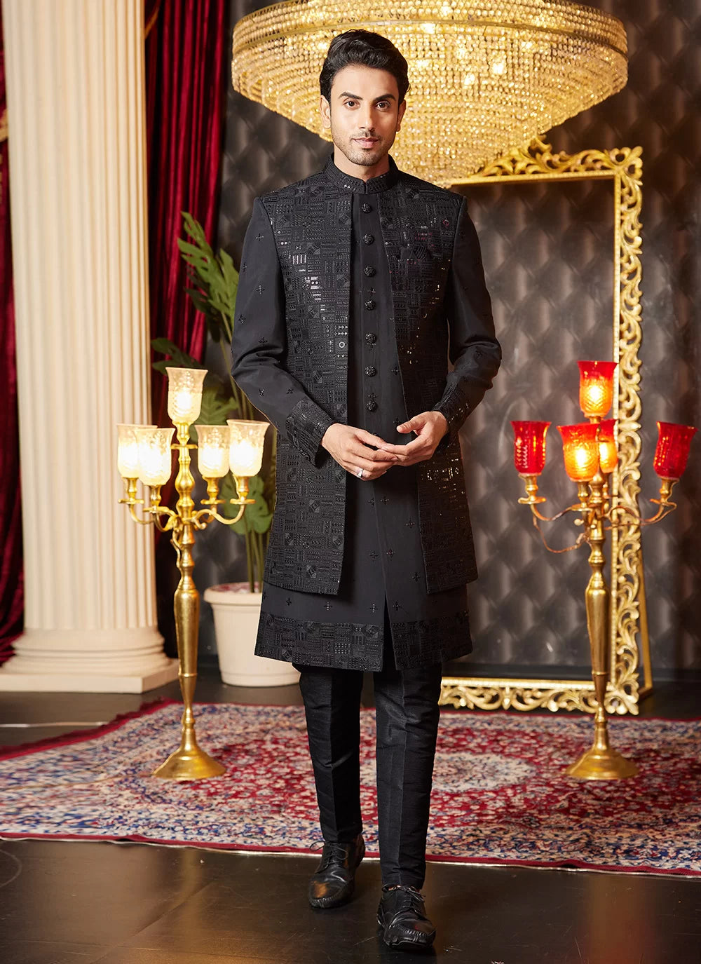 Raivat Ethnic Mens Art Silk Thread Work Indo Western In Black Colour | Grocsy
