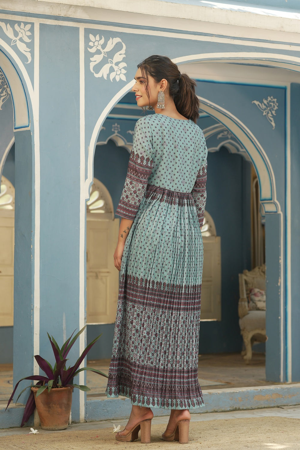 Juniper Sky Blue Muslin Festive Printed Flared Dress For Women | Grocsy