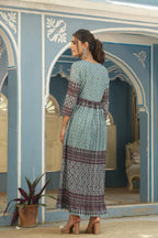 Juniper Sky Blue Muslin Festive Printed Flared Dress For Women | Grocsy