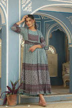 Juniper Sky Blue Muslin Festive Printed Flared Dress For Women | Grocsy