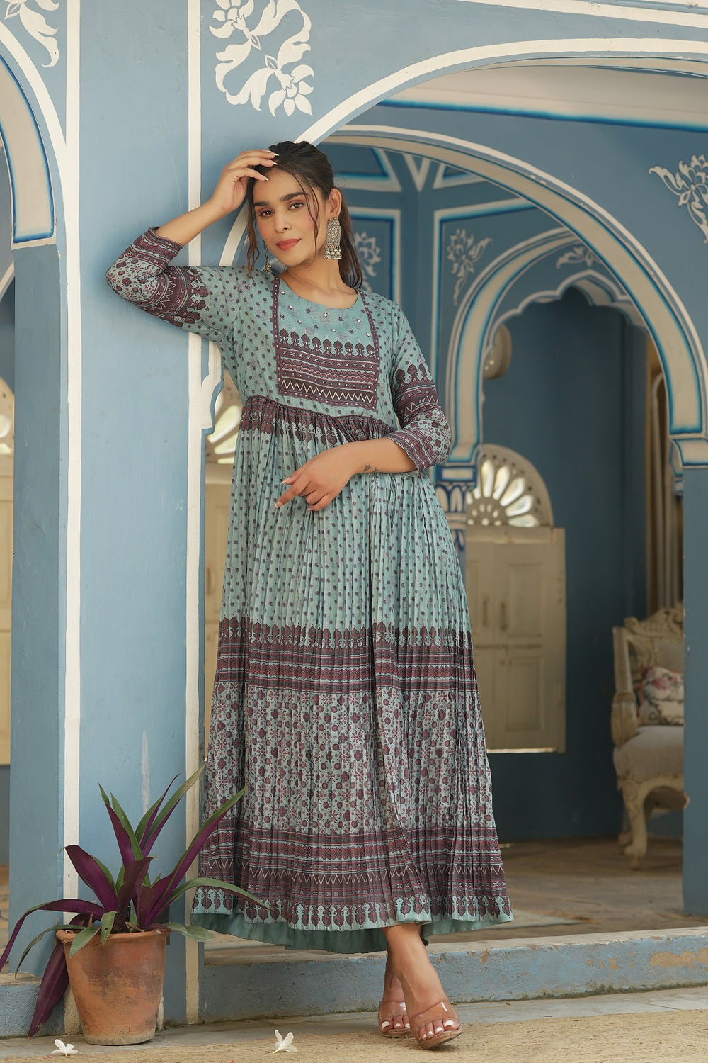 Juniper Sky Blue Muslin Festive Printed Flared Dress For Women | Grocsy