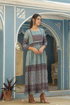 Juniper Sky Blue Muslin Festive Printed Flared Dress For Women | Grocsy