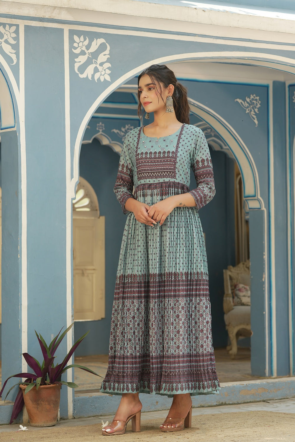 Juniper Sky Blue Muslin Festive Printed Flared Dress For Women | Grocsy