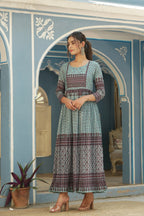 Juniper Sky Blue Muslin Festive Printed Flared Dress For Women | Grocsy