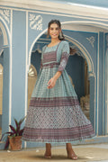 Juniper Sky Blue Muslin Festive Printed Flared Dress For Women | Grocsy