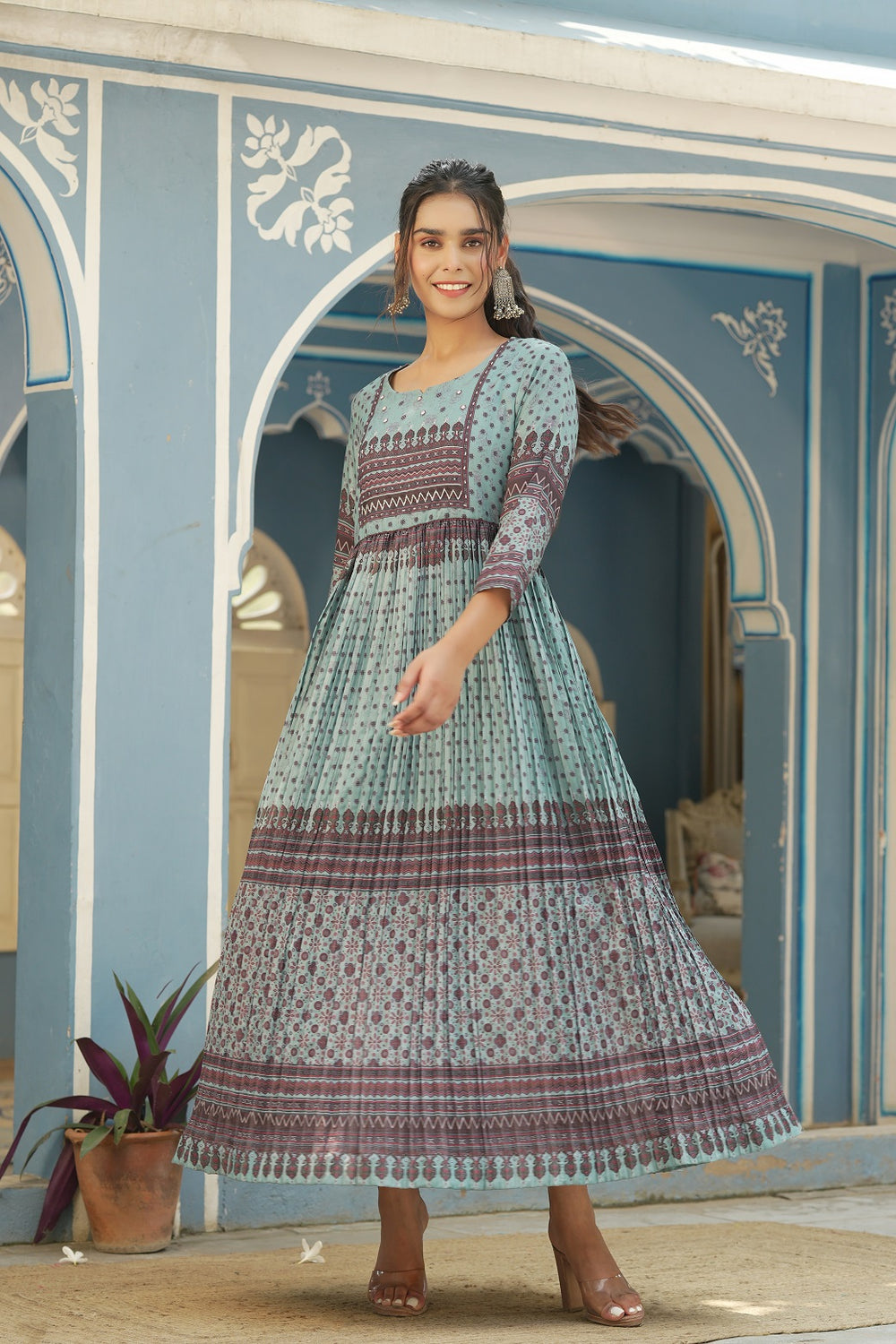 Juniper Sky Blue Muslin Festive Printed Flared Dress For Women | Grocsy
