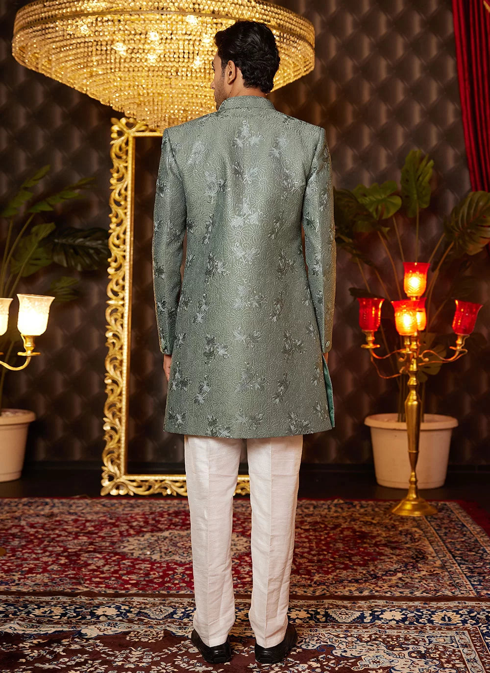 Raivat Ethnic Mens Art Silk Thread Work Indo Western In Green Colour | Grocsy