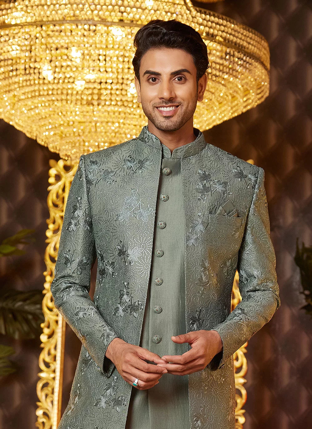 Raivat Ethnic Mens Art Silk Thread Work Indo Western In Green Colour | Grocsy