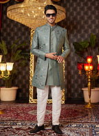 Raivat Ethnic Mens Art Silk Thread Work Indo Western In Green Colour | Grocsy