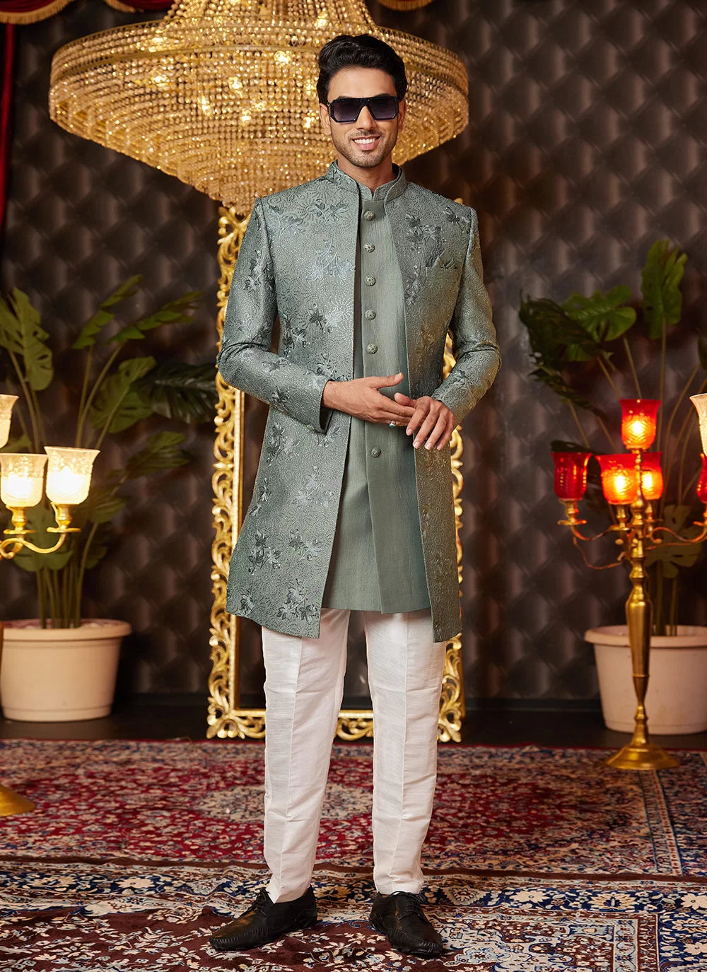 Raivat Ethnic Mens Art Silk Thread Work Indo Western In Green Colour | Grocsy