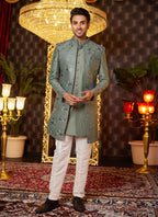 Raivat Ethnic Mens Art Silk Thread Work Indo Western In Green Colour | Grocsy