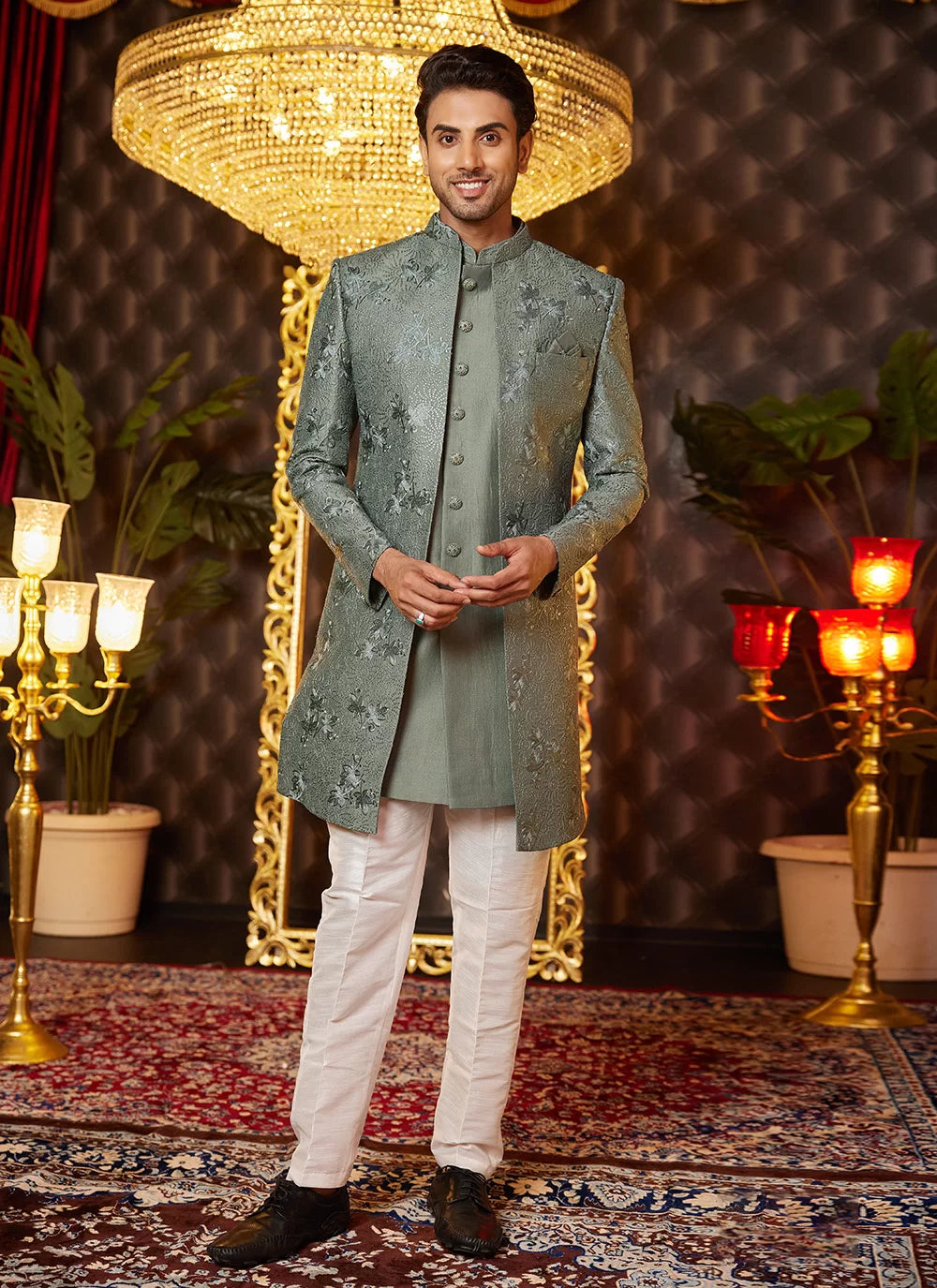 Raivat Ethnic Mens Art Silk Thread Work Indo Western In Green Colour | Grocsy