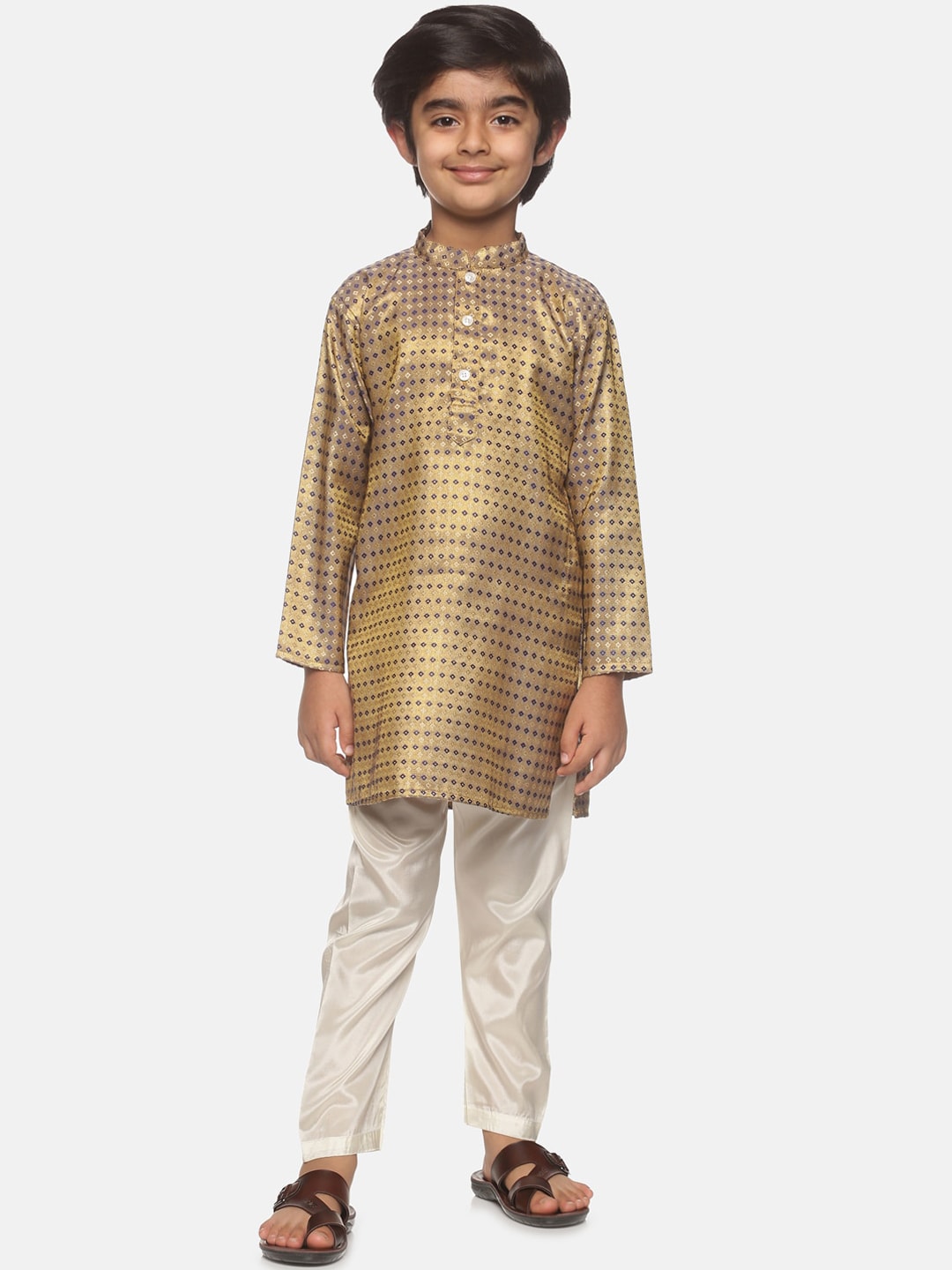 Sethukrishna Boys Gold-Toned Ethnic Motifs Kurta with Pyjamas | Grocsy