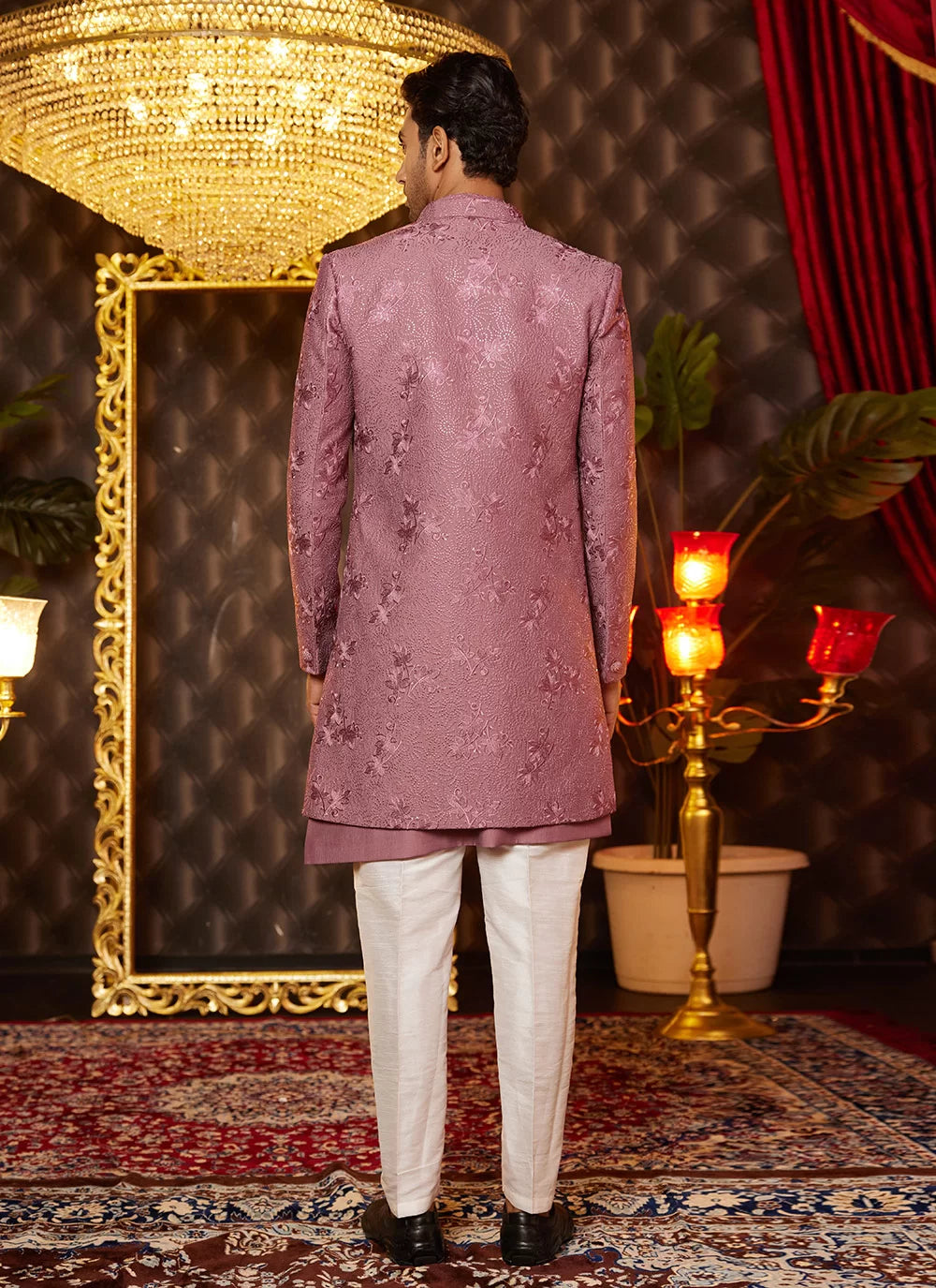 Raivat Ethnic Mens Art Silk Thread Work Indo Western In Dusty Pink Colour | Grocsy