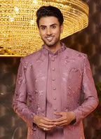 Raivat Ethnic Mens Art Silk Thread Work Indo Western In Dusty Pink Colour | Grocsy