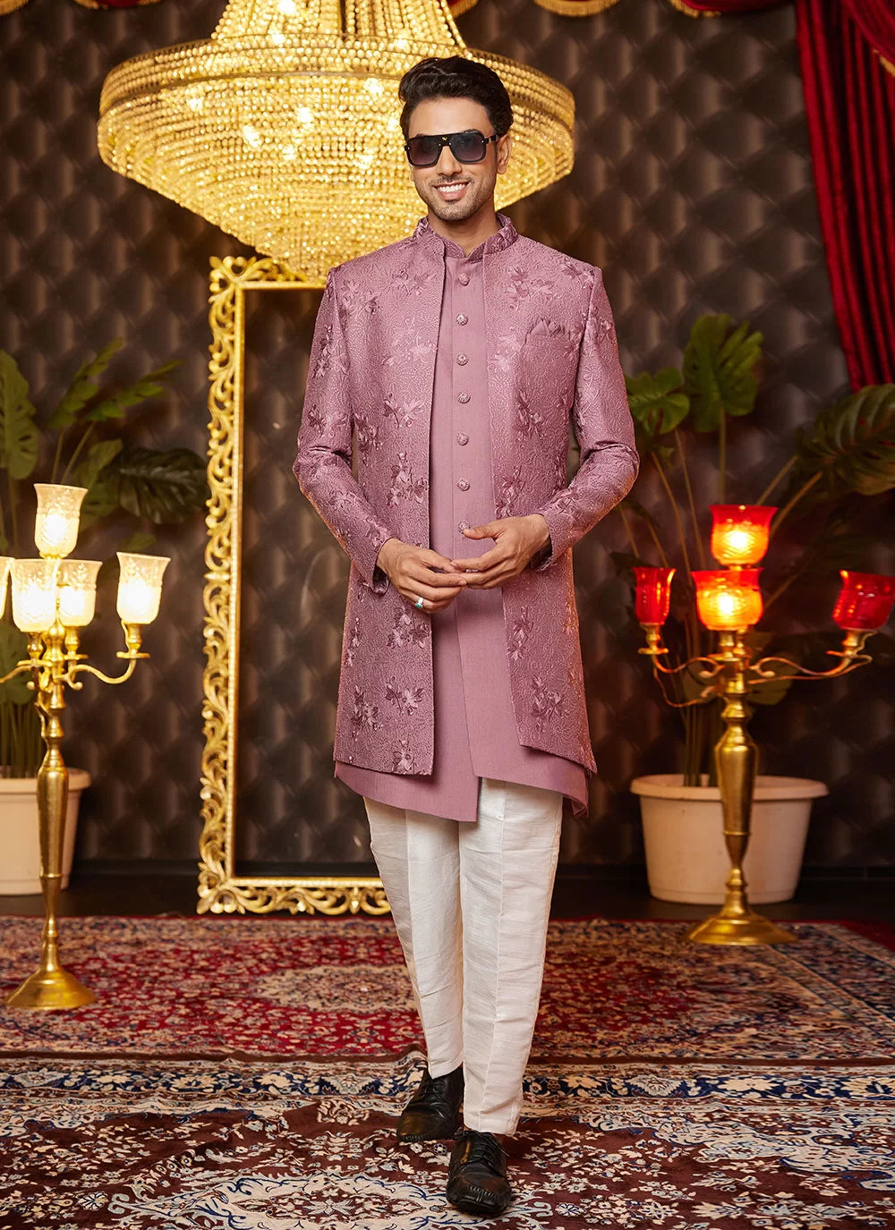 Raivat Ethnic Mens Art Silk Thread Work Indo Western In Dusty Pink Colour | Grocsy