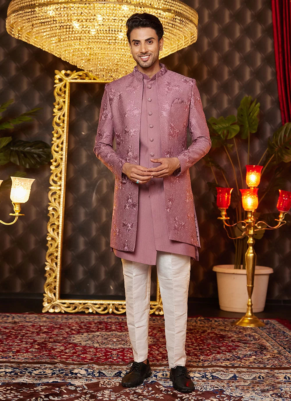 Raivat Ethnic Mens Art Silk Thread Work Indo Western In Dusty Pink Colour | Grocsy