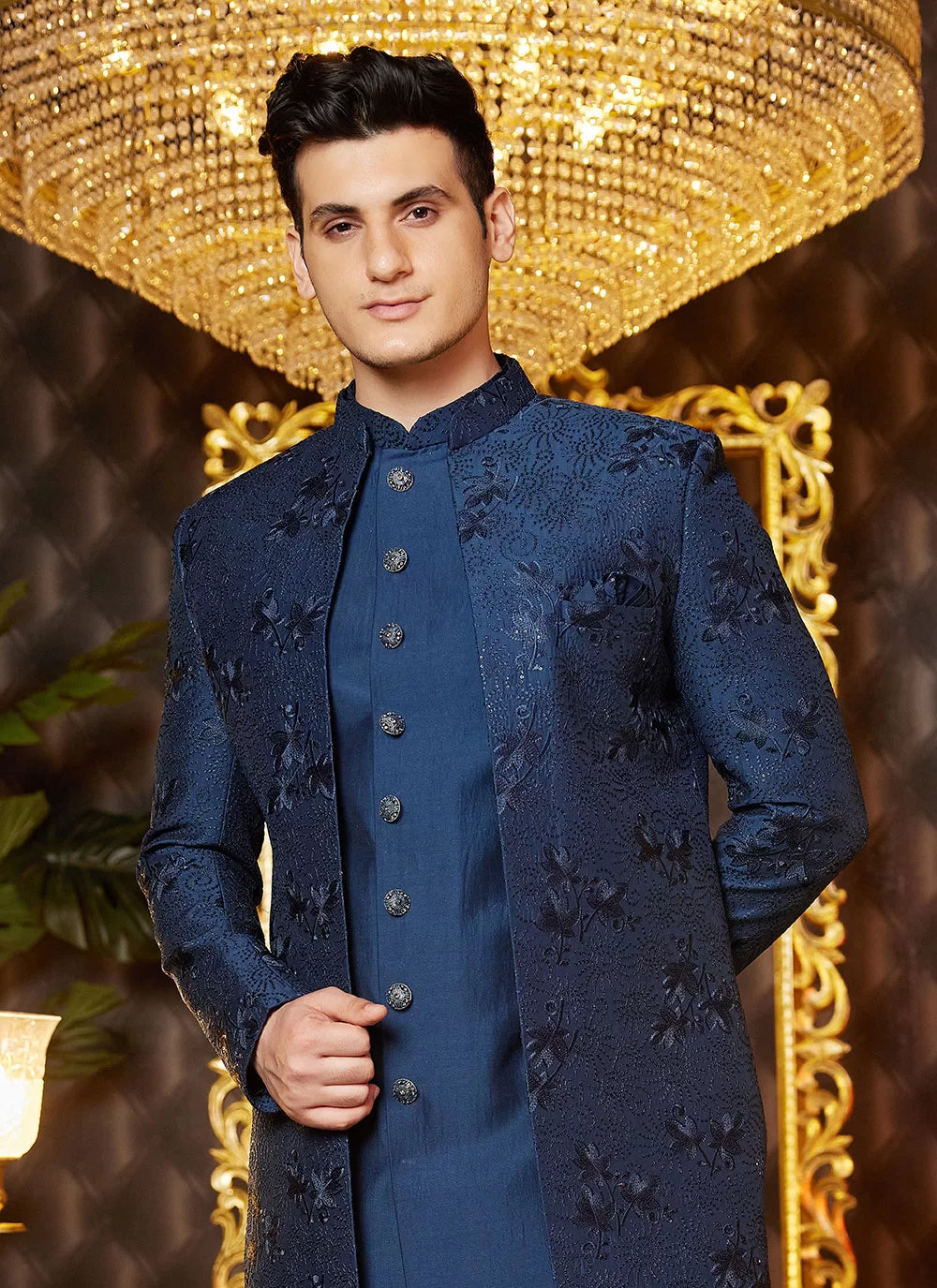 Raivat Ethnic Mens Art Silk Thread Work Indo Western In Blue Colour | Grocsy