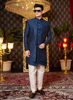 Raivat Ethnic Mens Art Silk Thread Work Indo Western In Blue Colour | Grocsy